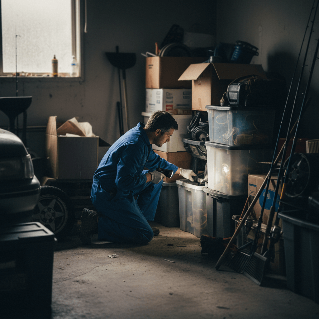 Techniker bei der Inspektion gegen Ratten im Keller